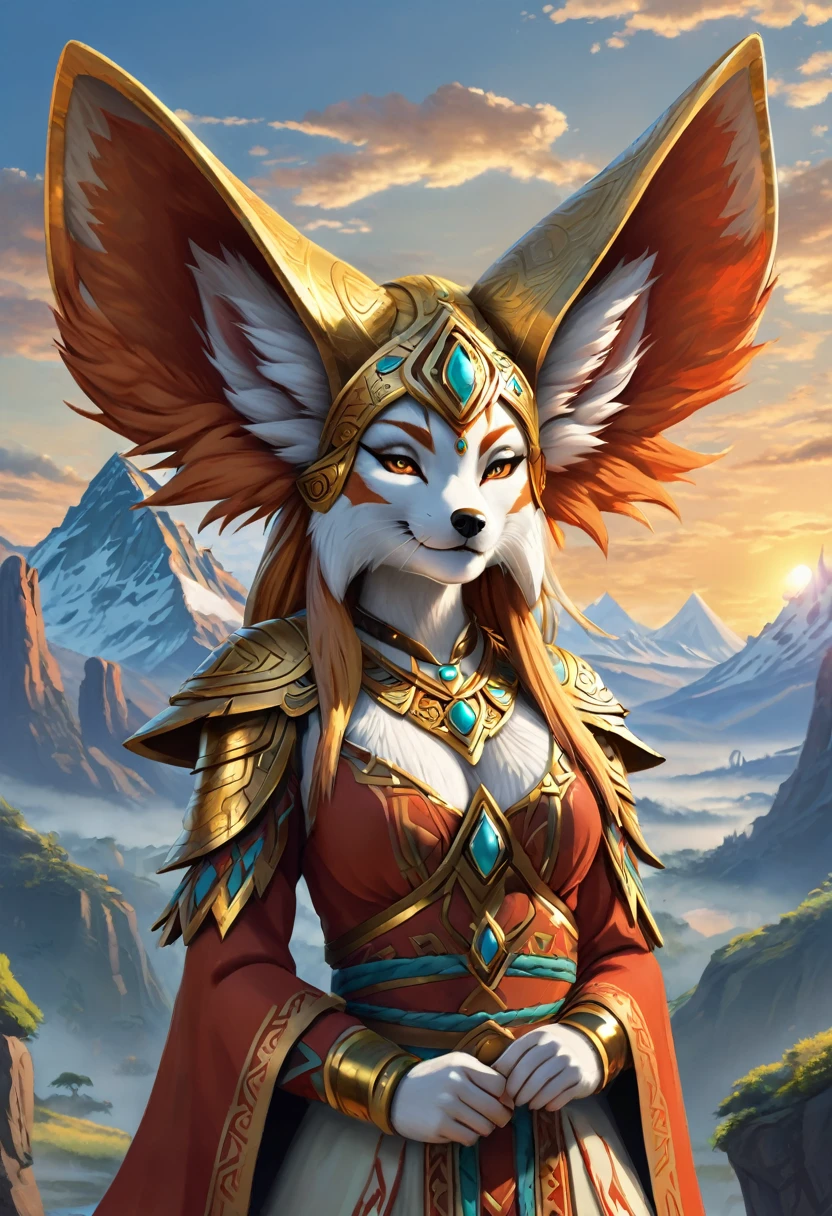 Anthropomorphic feminine kitsune enchantress. with elephant ears. Official Art – An Award-Winning Digital Masterpiece In 4K Ultra HD, Extreme Detail And Intricate Realism. Symmetrical Face. This Concept Art Brought To Life By The Hands Of Artists Like Wlop & Artgerm In A Stunning 2D Vector Illustration. Breath of the wild. Background Is A Panoramic Vista.