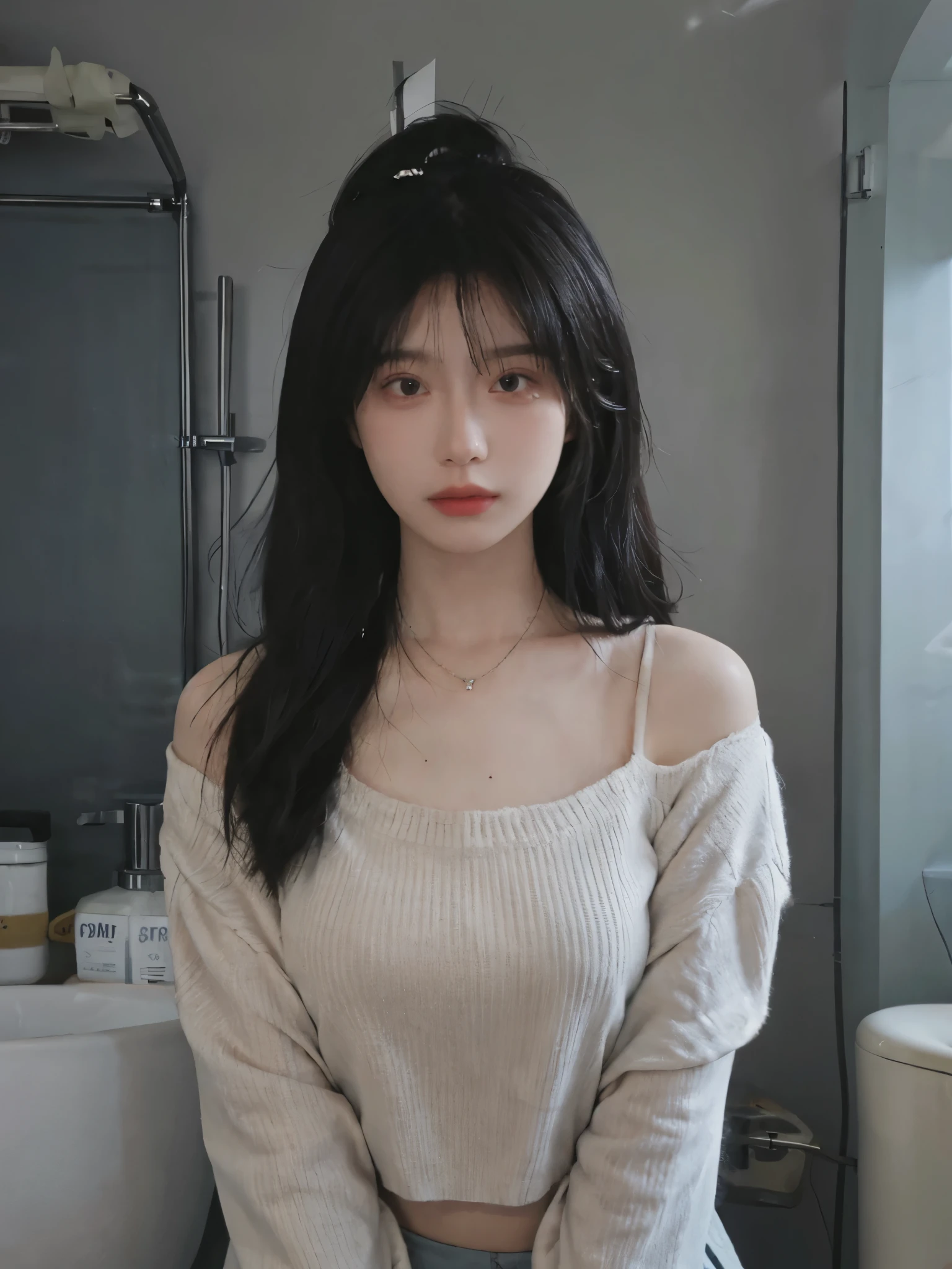 best qualtiy， Ultra-high resolution， （realisticlying：1.4），cute hairpin，1girll，Cropped black sweater ，head straight-looking at viewer，Full of atmosphere，Beautiful woman with a slim figure:1.4, abs:1.1, bathroom,Ultra-fine face，Elaborate Eyes，double eyelid，choker necklace