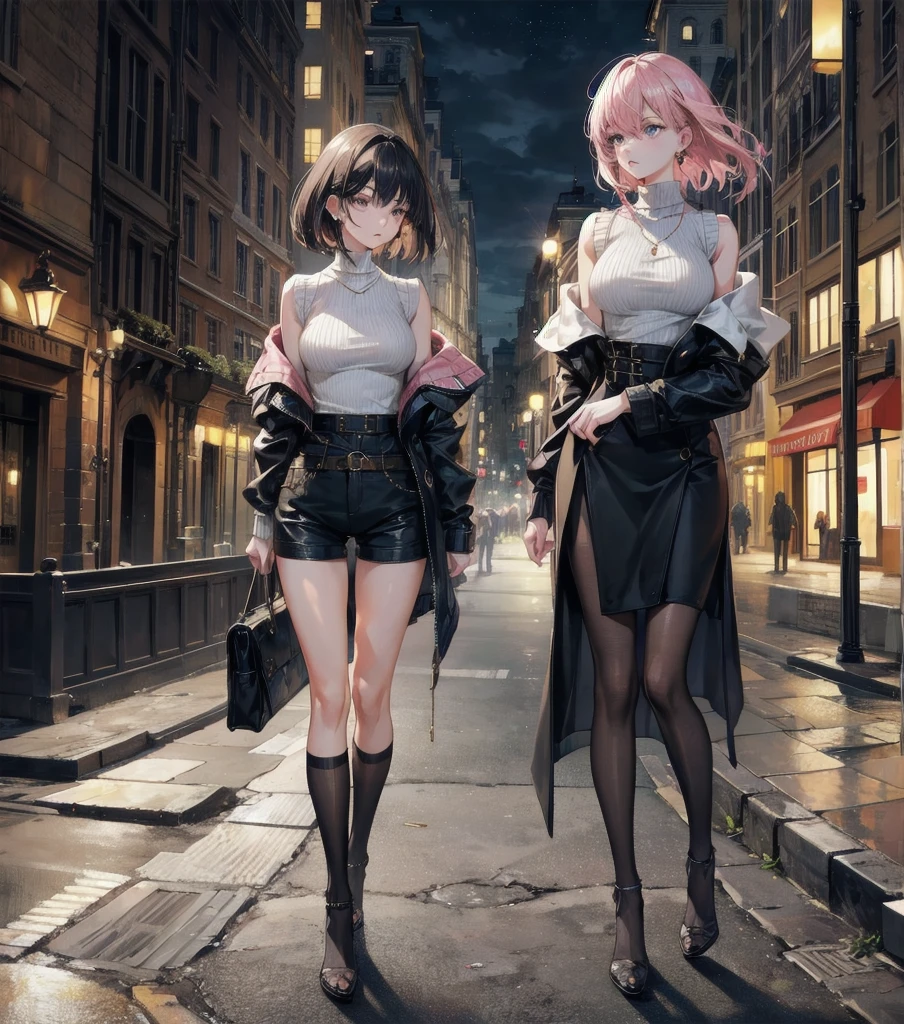 absurdres, RAW photo, extremely delicate and beautiful, masterpiece, Best Quality, ultra high resolution, 32k, hyper realistic, ultra-detailed, Very detailed CG 8k wallpaper, detailed background, landscape, Beautiful Lighting, Perfect Lightning, Realistic Shadows, perfect anatomy, anatomically correct, ideal ratio body proportions, perfect figure, Perfect Style, Perfect balance, super Detailed skin, in her 30s, very Slim body, narrow waist, very small head, very small face, delicate facial features, handsome detailed woman, very detailed eyes and face, realistic face proportions, Realistic beautiful face, Realistic beautiful eyes, tearful mole, earring, whole body shot, very huge round tits, medium short hair, asymmetrical hair, wavy hair, Pink off-the-shoulder sweater, Shorts and brown stockings, Empty city street at night, Outside lights come on,