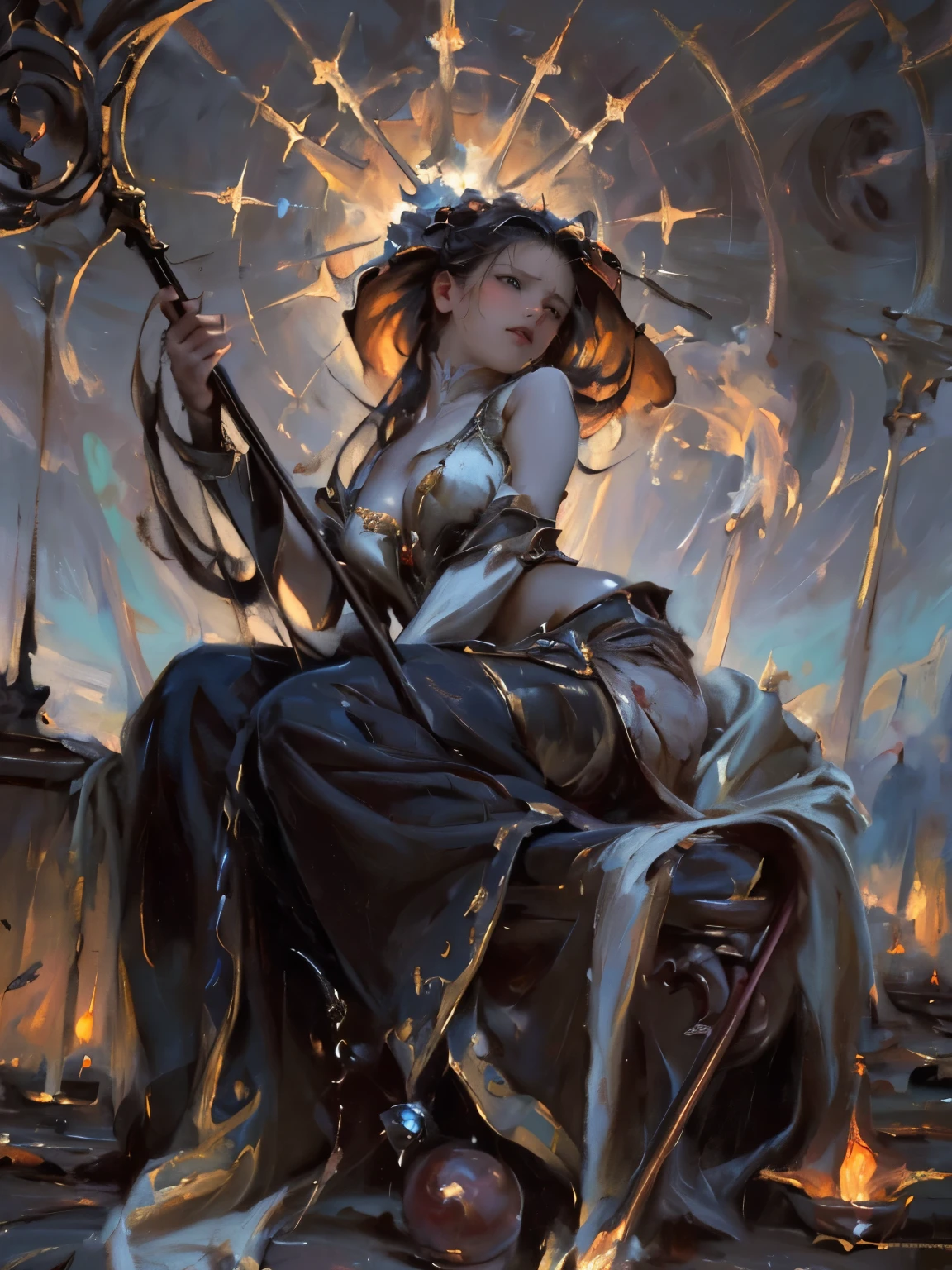 ((styled old oil painting)), destroyed city, (100 meter tall huge goddess floating, emits light from all over the body, lost pupils, last judgment, blue flame, drooping eyes, (straddling cane for masturbation, pubic hair)), weapon, aerial angle from below,