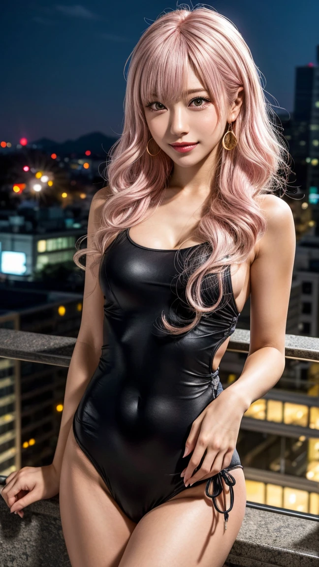 Highest quality, Tabletop, Ultra-high resolution, (Realistic:1.4), (Japanese Idols),RAW Photos, One Girl, night,Detailed skin,Blurred cityscape of South Korea,,Blonde, (Pink inner hair:1.3),Glossy Lips,smile,(Model pose:1.2),21 years old,Beautiful and beautiful eyes,Diamond jewellery,Earrings,Gold Jewelry,Cold light swimsuit,(Strengthened upper arms:1.2),A well-trained body,Pixie Hair