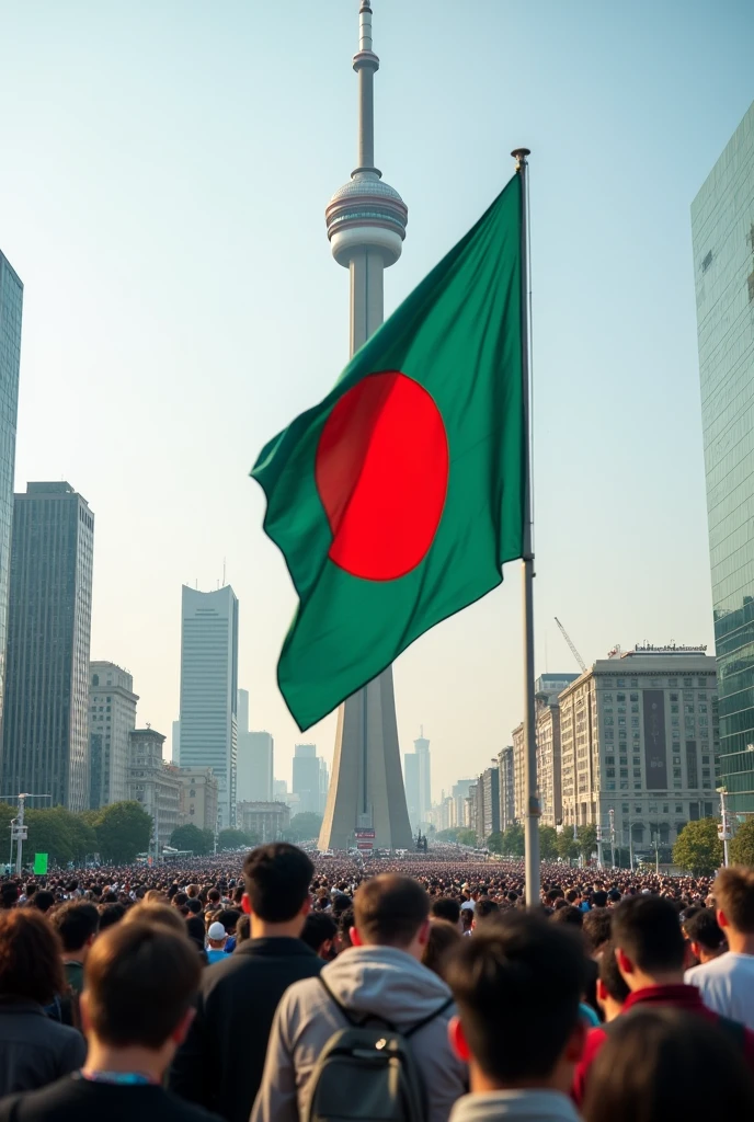 Bangladeshi Flag in Tower Front of Massive people 