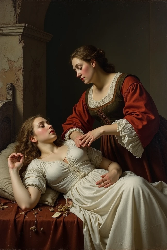 Renaissance painting of a young woman in a torn white dress lying on a ruined bed with a hand on her sad face while an elderly woman comforts her holding a small letter