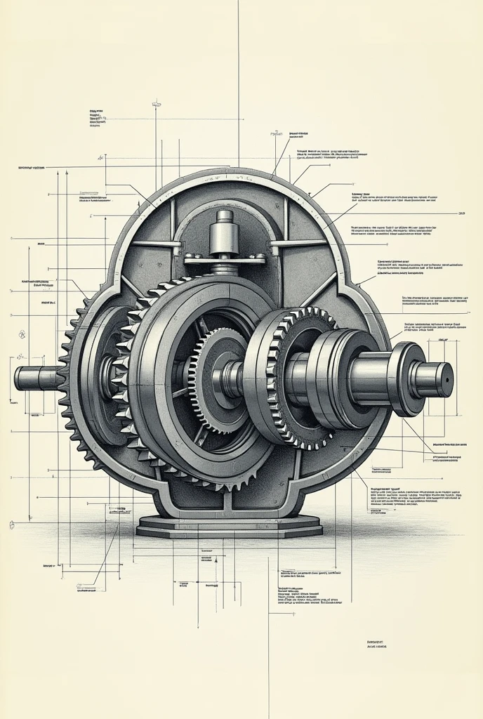Industrial drawing of a gearbox 

