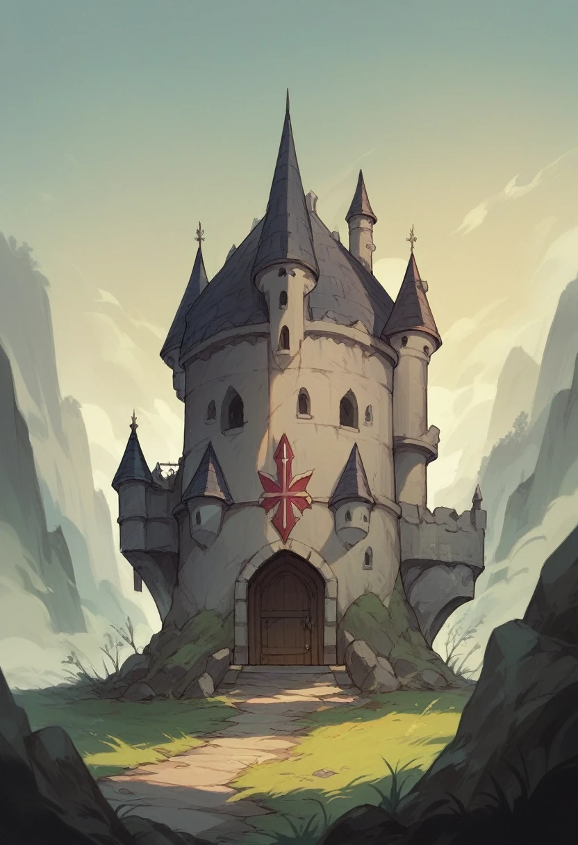 Image of a medieval castle shrouded in fog, with a shining sword stuck in a rock