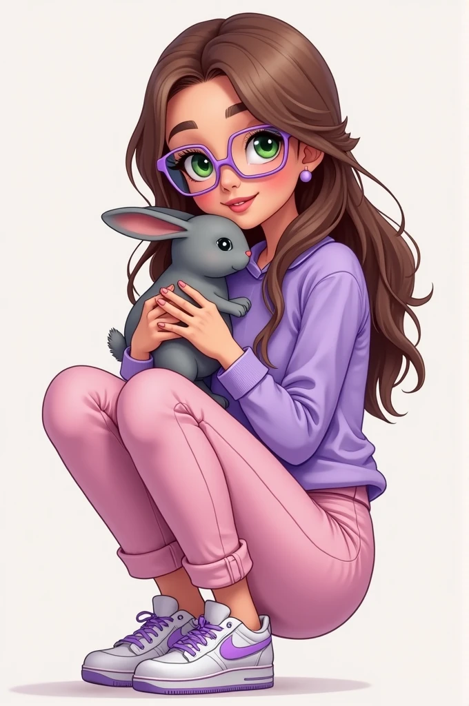one , long brown hair, olhos na cor verde, big eyelashes, purple glasses, lilac shirt, light pink pants, white sneakers with purple details, holding a small gray rabbit