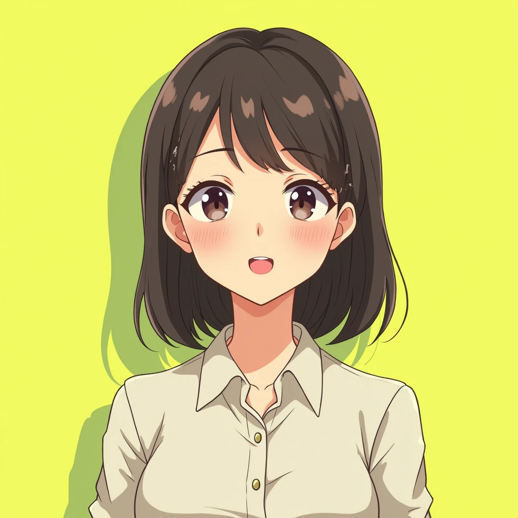 Gentle smile, medium hair, woman in her 30s, buttoned shirt, anime-style illustration, yellow-green background