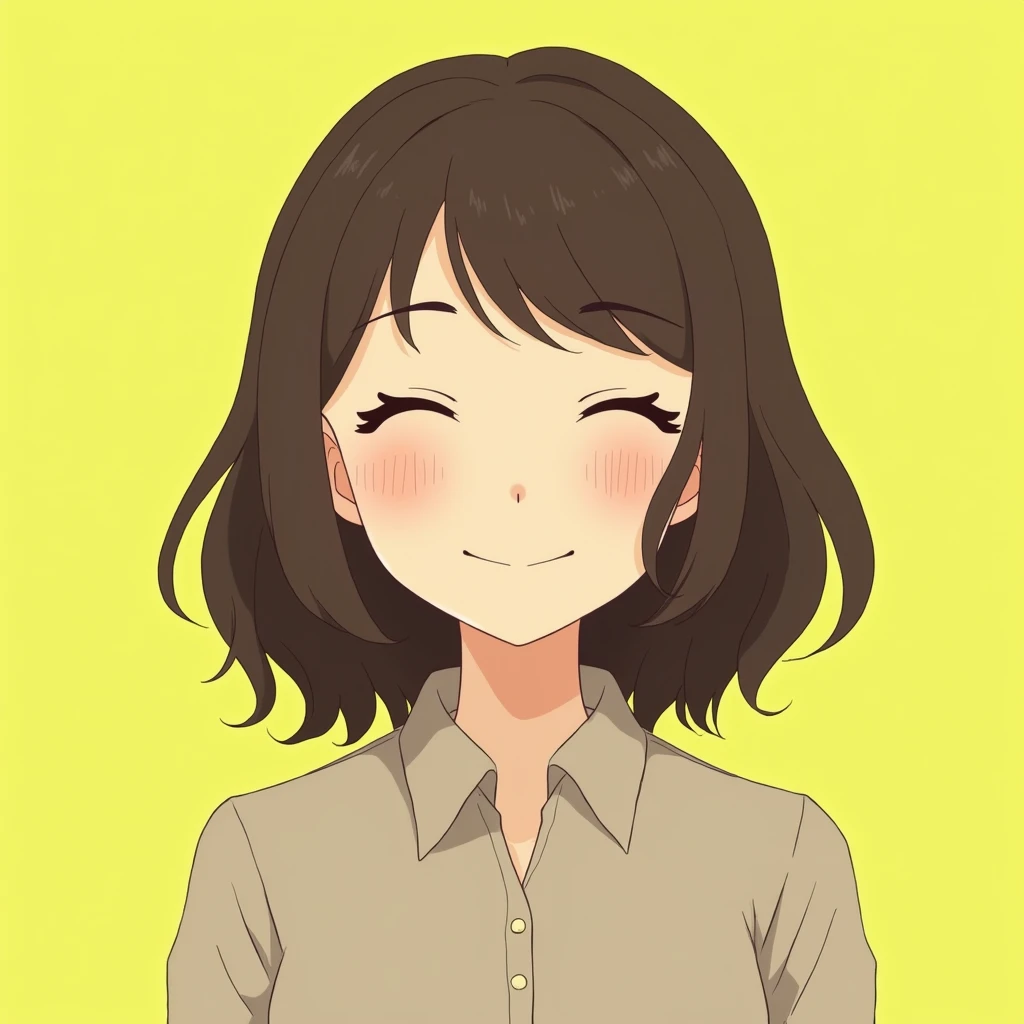 Gentle smile, medium hair, woman in her 30s, buttoned shirt, anime-style illustration, yellow-green background