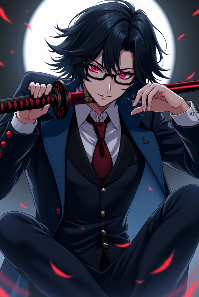 A very handsome anime assassin character who has Dazai-style hair with a black and blue Akutagawa-style suit, black pants with black and white bangs, black shoes with red eyes and black around the iris with a black and red scissor seven-style katana with a psychopath smile and light black glasses. 
