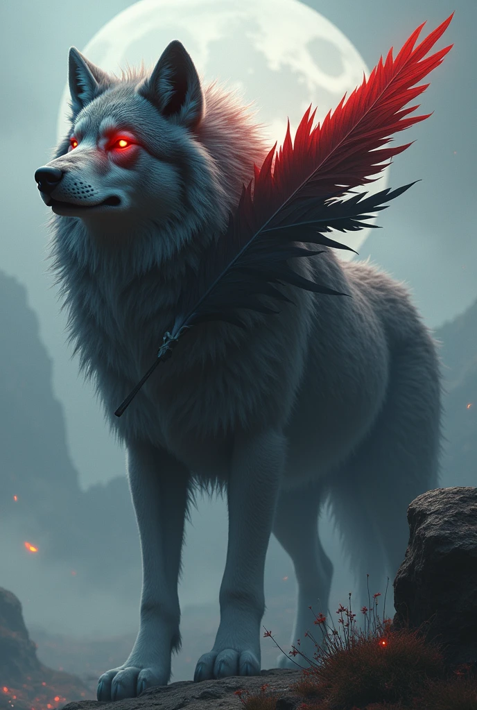 Wolf with tail fur with red eyes and a red feather and a black feather on the right side of the head and 4 meters tall
