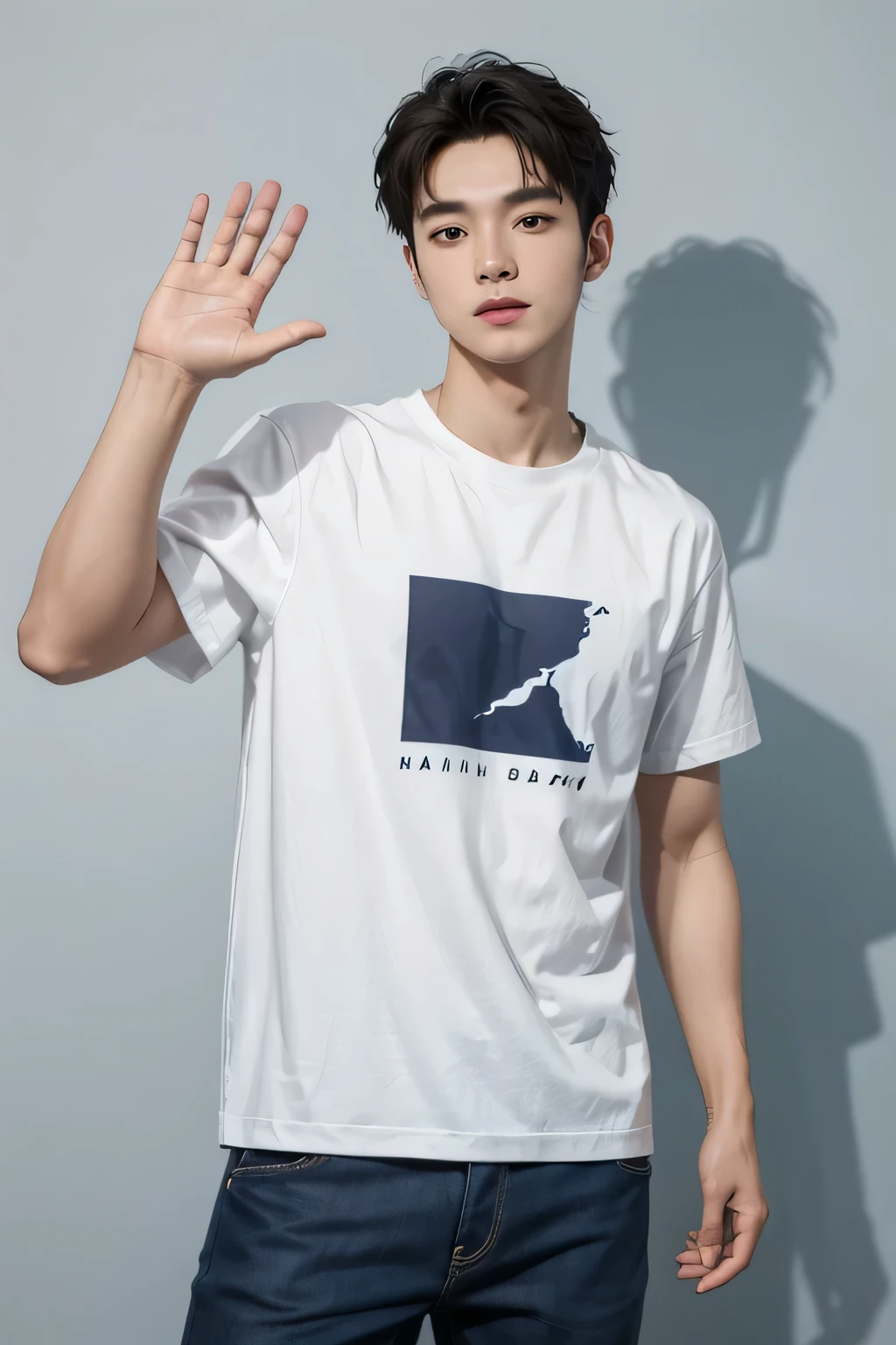 street snap アジア人male Hallyu male 20th Generation White T-shirt stylish Waving at the camera navy denim sneakers Fair skin tall White wall background