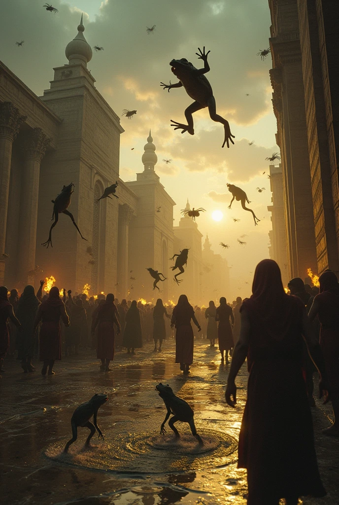 A dramatic scene with frogs jumping and insects flying in an Egyptian city, with people in panic. The sky is dark, creating a climate of despair.  