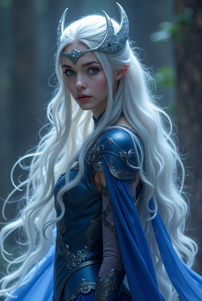 Face and Hair: Diana has pale skin and a face with delicate features.. His hair is long and silver, often depicted as if it were a halo of light. It can be styled in a flowing and elegant style..
outfit: He wears a tunic or armor that is predominantly dark blue with silver or white accents.. The top of her outfit is often adorned with details similar to the phases of the moon., since Diana has a lunar theme.
weapondura y Accesorios: He has a kind of helmet or headband that also has a crescent shape.. She often wears a cape or some sort of cloak that flows behind her..
weapon: His main weapon is a kind of scythe or large blade that can be connected with his lunar magic.. This weapon has an elegant design with silver and blue details..
Magical Details: Diana is related to lunar magic, So it is often depicted with light or glowing effects that suggest its powers..