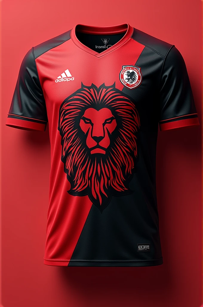 The uniform of the Persepolis team in the Iranian League, which is red and black in color and has a lion design, and Irancell is written as a sponsor in the middle of the uniform.