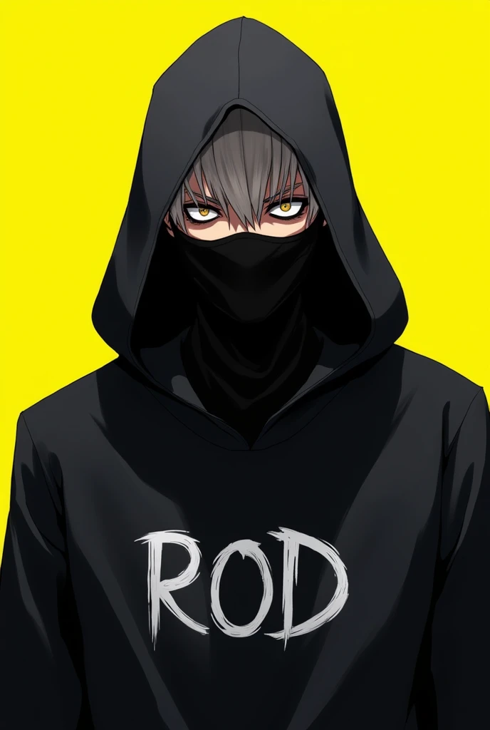 naughty man,anime like face,black cowl,black mask,ROD written on clothes,look emanating hate,yellow backdrop,HD.