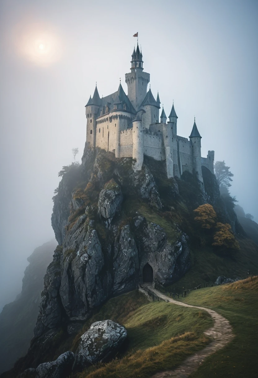  Image of a medieval castle shrouded in fog, with a shining sword stuck in a rock.