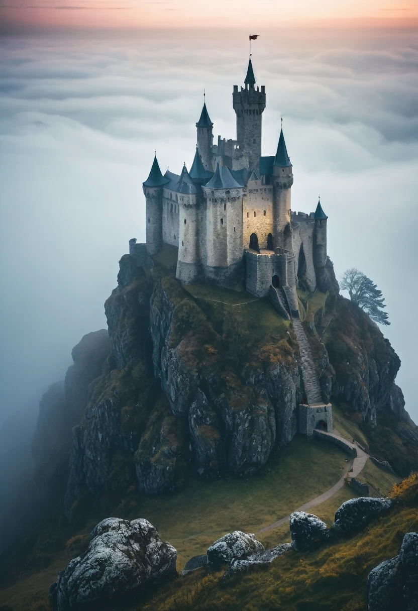  Image of a medieval castle shrouded in fog, with a shining sword stuck in a rock.