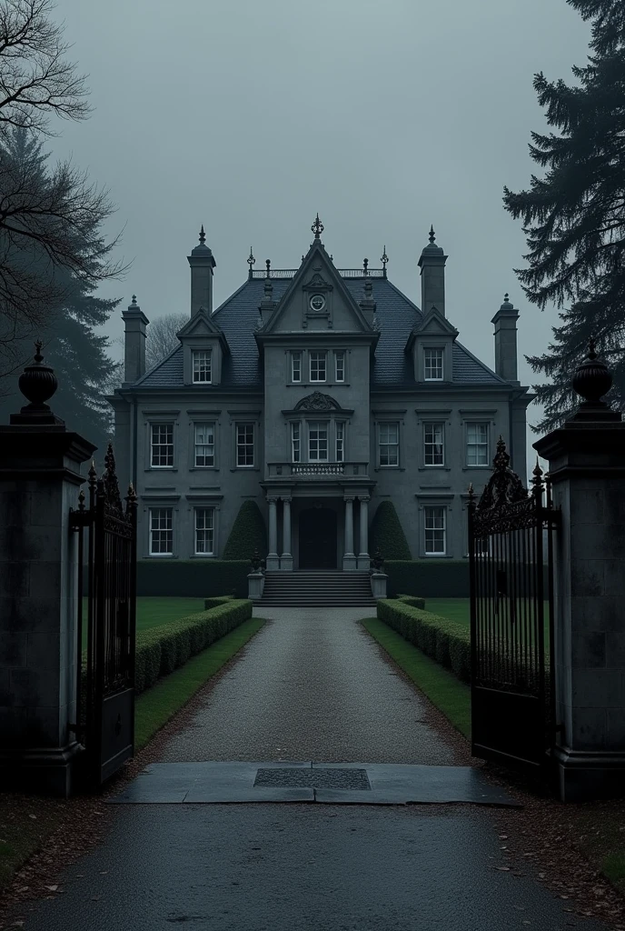 Photo of a mansion from the front, color black