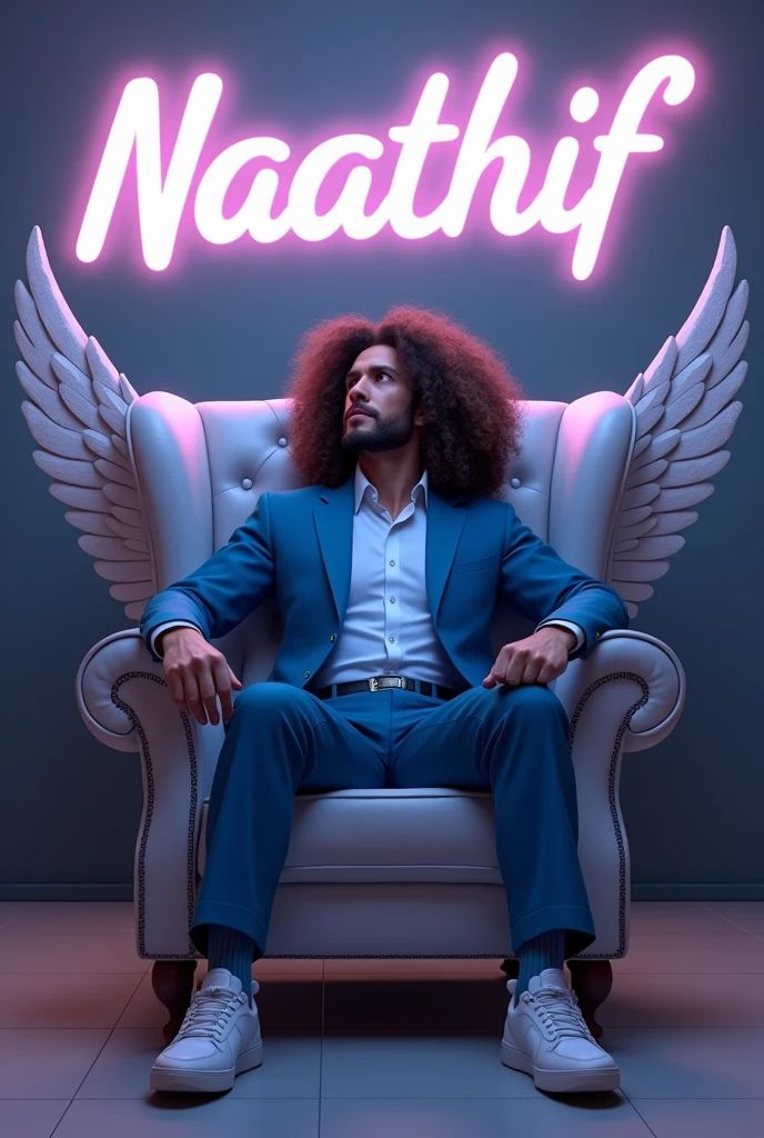 Create a 3D illustration for a profile picture where a 38 year old “Man”,With a long curly hair, in a blue suit, casually on a wings back chair, wearing sneakers a white, she looks ahead, the background features “Naathif” in big and capital letters White neon light fronts on the back wall, there should not be his shadow and there are wings to make it appear as if he is angel.