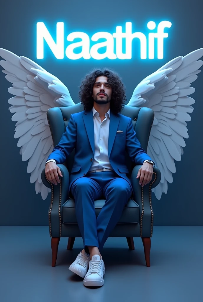 Create a 3D illustration for a profile picture where a 38 year old “Man”,With a long curly hair, in a blue suit, casually on a wings back chair, wearing sneakers a white, she looks ahead, the background features “Naathif” in big and capital letters White neon light fronts on the back wall, there should not be his shadow and there are wings to make it appear as if he is angel.