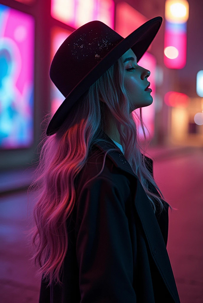 Vibrant colors, flou artistique, light leaks, Ambiance onirique, experimental charm, attrait nostalgique BREAK color field painting, Large expanses of colour, expressionnisme abstrait, audacieux teintes, emotional impact, atmospheric depth, approche minimaliste BREAK, Une belle fille, UHD (ultra details) Regarder le spectateur en tenue de ville de style hip-hop, different, colourfull, long, Highly colored hair 🌈, dark garments, White stardust on dark parts, absurdes, high resolucion, Ultra detailded, (1fille : 1.3), Vibrant colors, flou artistique, light leaks, Ambiance onirique,