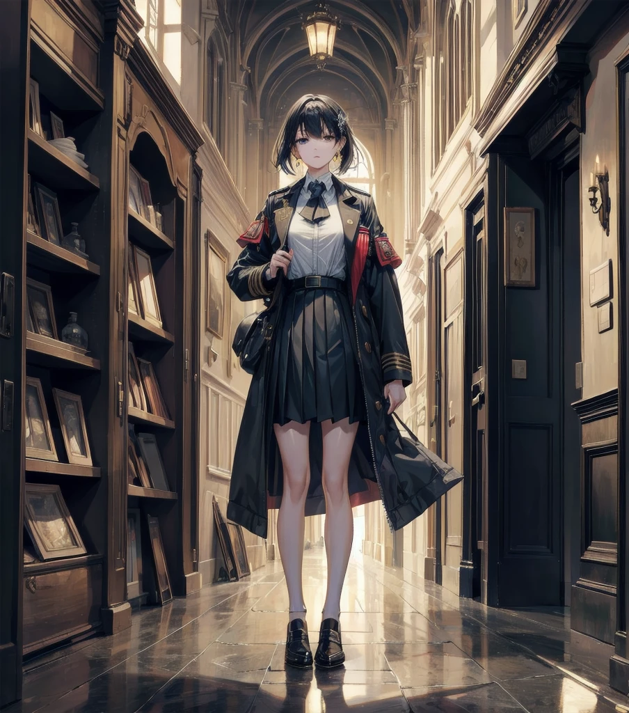 absurdres, RAW photo, extremely delicate and beautiful, masterpiece, Best Quality, ultra high resolution, 32k, hyper realistic, ultra-detailed, Very detailed CG 8k wallpaper, detailed background, landscape, Beautiful Lighting, Perfect Lightning, Realistic Shadows, perfect anatomy, anatomically correct, ideal ratio body proportions, perfect figure, Perfect Style, Perfect balance, super Detailed skin, in her 30s, very Slim body, narrow waist, very small head, very small face, delicate facial features, handsome detailed woman, very detailed eyes and face, realistic face proportions, Realistic beautiful face, Realistic beautiful eyes, tearful mole, earring, whole body shot, very huge round tits, medium short hair, asymmetrical hair, wavy hair, indoor, long military jacket, holding broad katana, school_uniform, skirt, dress shirt,