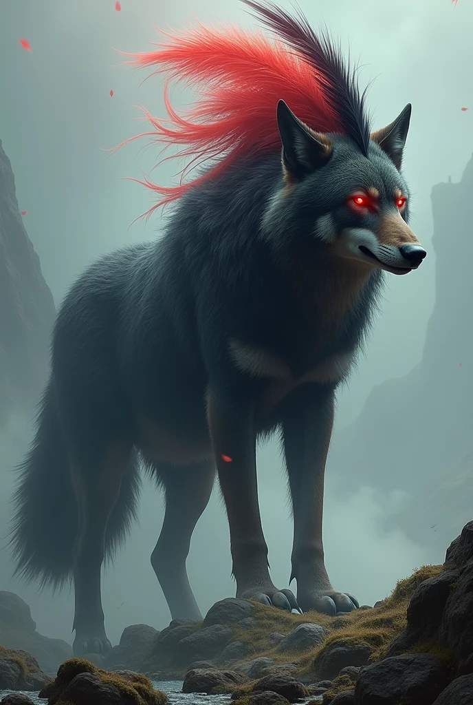 Wolf with tail fur with red eyes and a red feather and a black feather on the right side of the head and 4 meters tall 