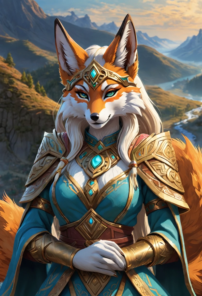 Anthropomorphic feminine kitsune enchantress. Official Art – An Award-Winning Digital Masterpiece In 4K Ultra HD, Extreme Detail And Intricate Realism. Symmetrical Face. This Concept Art Brought To Life By The Hands Of Artists Like Wlop & Artgerm In A Stunning 2D Vector Illustration. Breath of the wild. Background Is A Panoramic Vista.