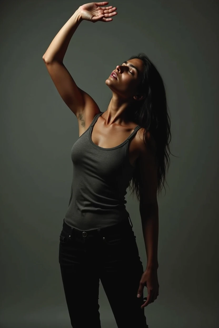 mia khalifa, raise your hand, head turned upwards with an expression of pain, Show your whole body, Get dressed,