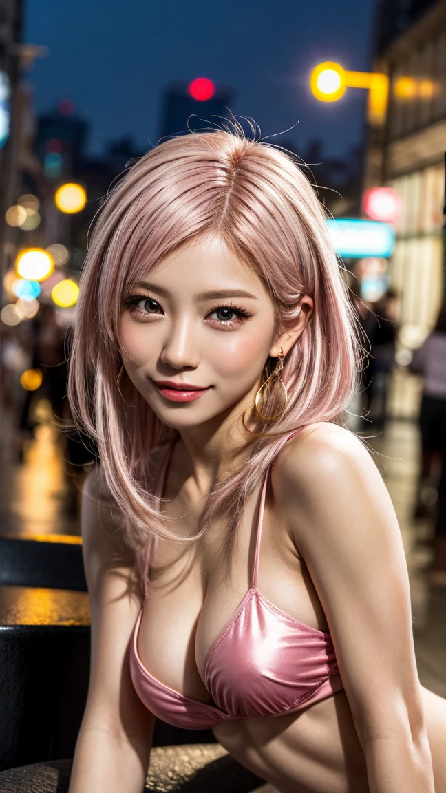 Highest quality, Tabletop, Ultra-high resolution, (Realistic:1.4), (Japanese Idols),RAW Photos, One Girl, night,Detailed skin,Blurred cityscape of South Korea,,Blonde, (Pink inner hair:1.3),Glossy Lips,smile,(Model pose:1.2),21 years old,Beautiful and beautiful eyes,Diamond jewellery,Earrings,Gold Jewelry,Cold Light,Gold Bikini,(Strengthened upper arms:1.2),A well-trained body,Pixie Hair