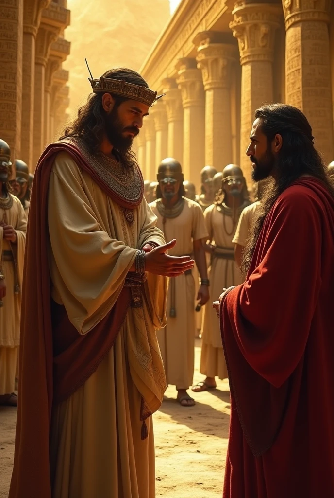 Moses confronts Pharaoh in the palace, with golden walls and hieroglyphics. Pharaoh, with an angry expression, is surrounded by guards. Moses is firm and determined.