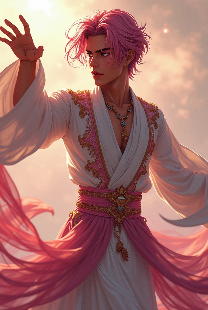 Draw a young anime boy with dark pink hair and light  blue eyes and black skin he is a sexy man bl He danced in arabic wind dance clothes sexy sexy sexy