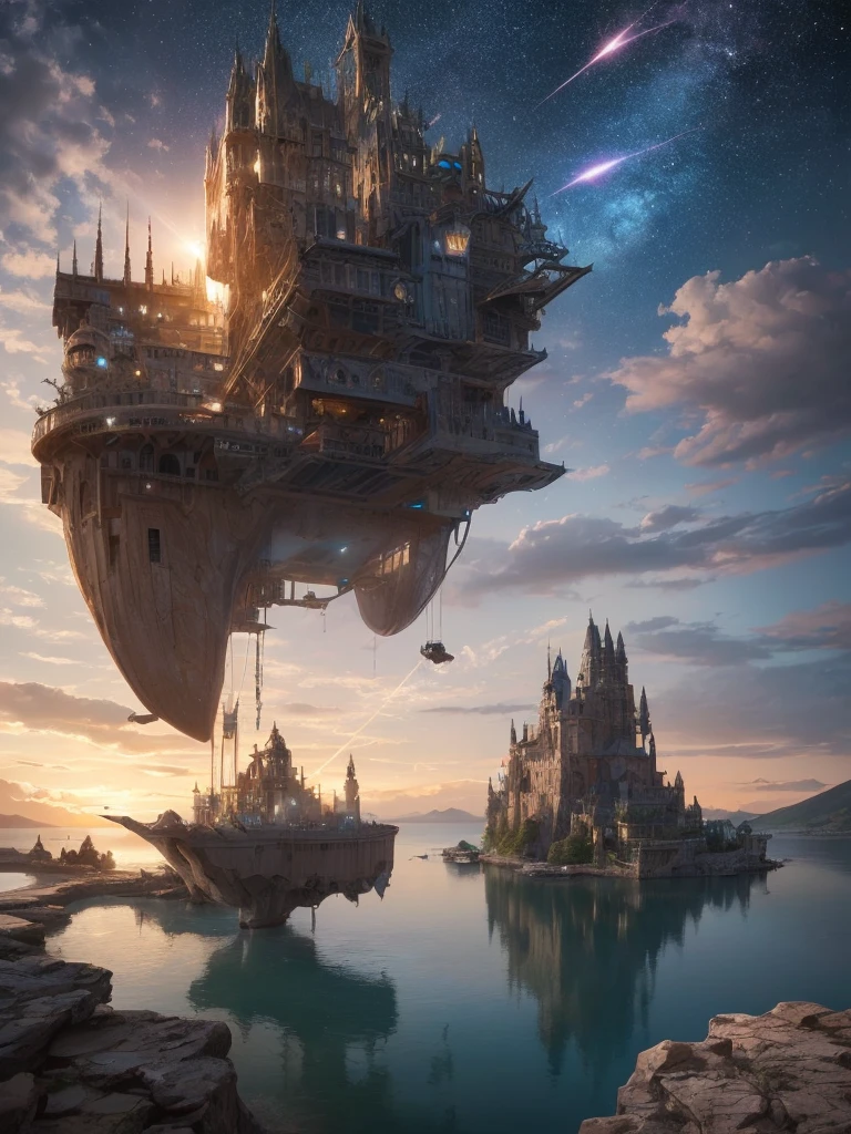 (8k, highest quality, masterpiece, final fantasy style: 1.2), (unRealistic, photoRealistic: 1.37), Dreamy landscape, Fantasy, Unsurreal landscapes, Super detailed, Flying Castle, Floating Island in the Sky, Seven-colored swirl of light, Intense lightning, milky way, Complex Light, Colored light, Large Lake, Starry sky reflected on the lake surface, Countless shining stars, Meteors, Reflections , (A pillar of light emanated from the ground:1,2), roses and orchids gardens , sunset, pink clouds, waterfalls in the sky, realistic style, Hyperrealism drawing, a flying pirate spaceship floating at the clouds level, burning skyscrapers, cyborgs, timeless realms, stunning princess , casting spell, healing light magic effect, in a magical lagoon of the fairyland, crystal clear water surface reflections, sharp focus, looking at viewer, (close-up:0.9), (bright white theme:1.2), (bright white tone:1.2), (deep blue tone:1.3),((( realistic, Hyperrealism, vivid colours , landscapes , alien cyborgs , science fiction themes))), (((2 humanoid stunning female cyborgs posing )))