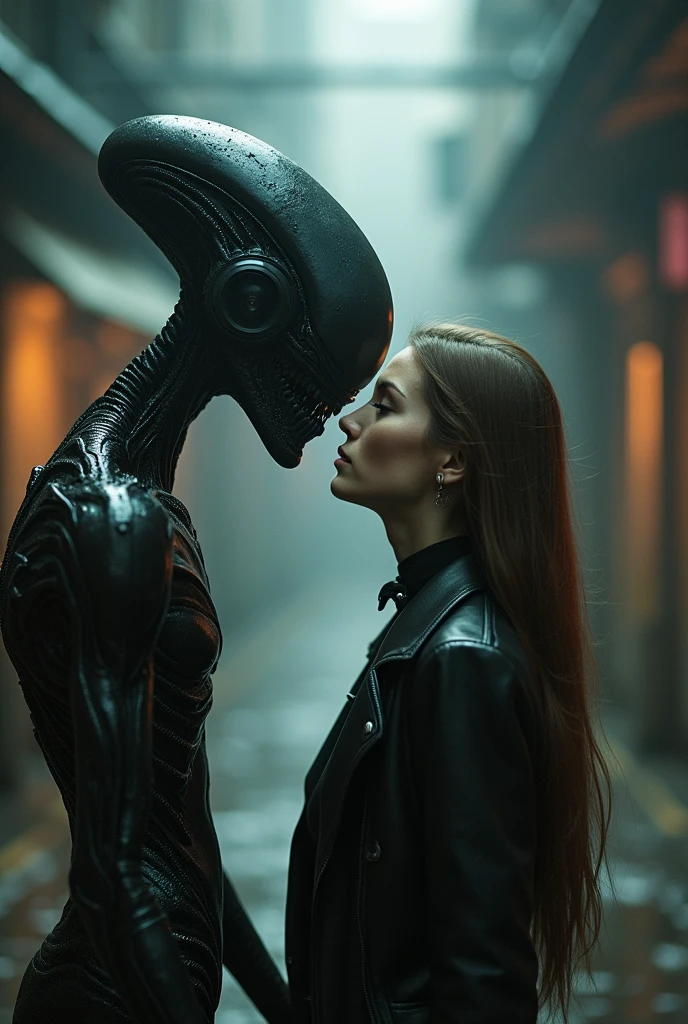 tender moment under a human woman and an horrible alien, alien art, alien portrait, depth of field, very detailed, photo color, no bad hands, realistic, machines dark background, 3/4 portrait in a futuristic alley bathed in a atmospheric haze