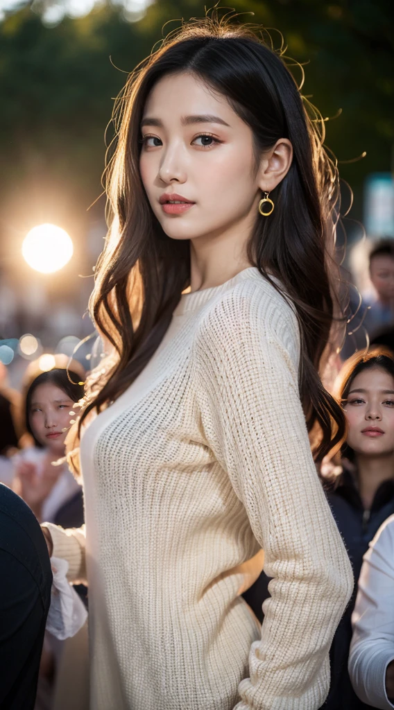 (original photo:1.2), (Realistic:1.4),beautiful and delicate woman,Very detailed eyes and face, delicate eyes, Super detailed,High resolution, The content is very detailed,best quality,revelation,Unite,8k wallpaper,masterpiece,best quality,1 girl,Standing in the sun,Look up like the sun,The sun hits the face,Backlight,seaside,Long sleeve連身裙,appearance,ear nipple ring,jewelry,High heel,looking at the audience,black hair,Full body female love,Stand up,Printed dress,Long sleeve,Long gray hair,night,Brown eyes,Vague