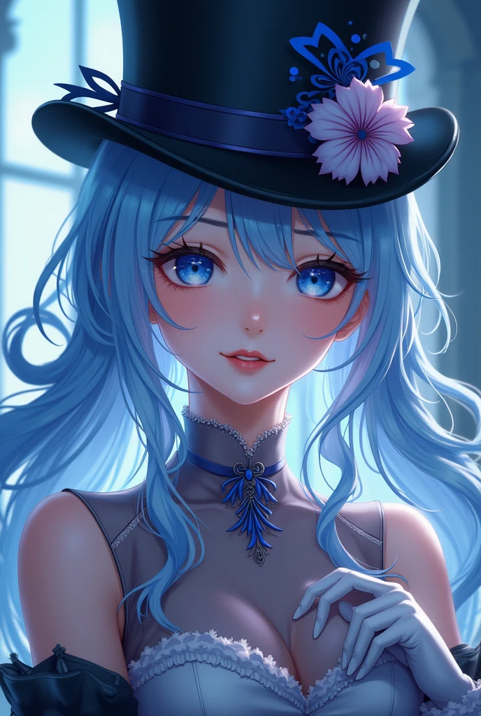 masterpiece, best quality, very aesthetic, absurdres, 1girl, mature_lady, ,1girl, furina \(genshin impact\), genshin impact, blue eyes, blue hair, long hair, multicolored hair, hat, ahoge, gloves, white hair, top hat, blue,