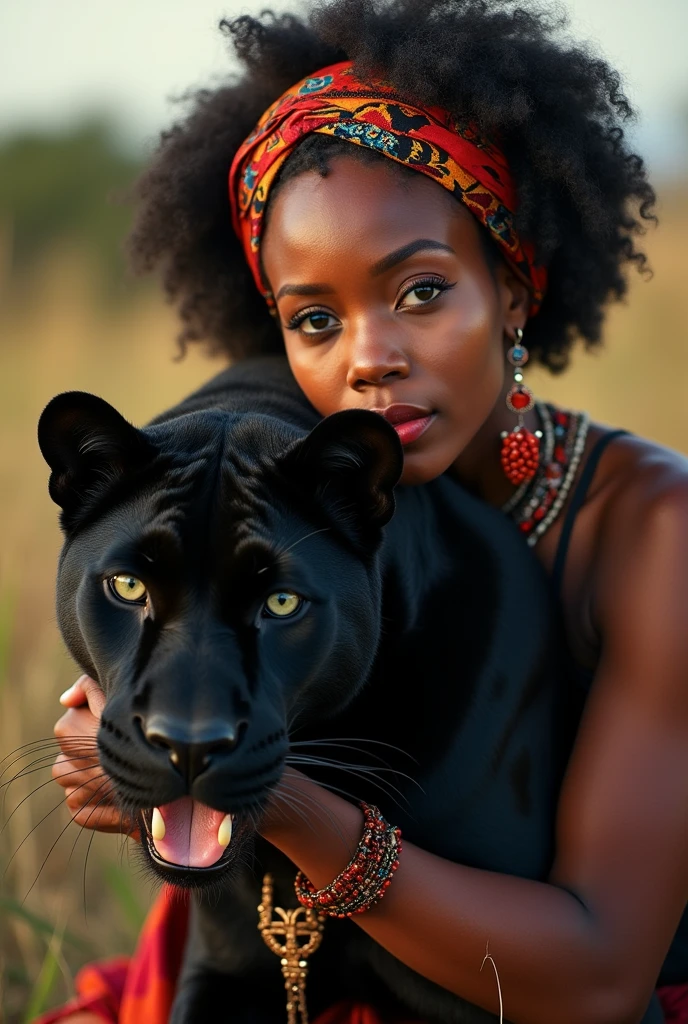 In high quality, a work of art. 8k beautiful light black woman, expressive face, very light green eyes, red mouth, marked makeup, short curly black hair, colorful scarf, tribal jewelry, majestic presence, African savanna scene, sun on the coast, earrings with red stones, necklaces colorful, typical dress from the African savanna hugging a large Black Panther, (((viewed from a dynamic perspective))), African savannah background, trees and detailed vegetation, impressive image, Nikon D7000 camera, 35mm lens, f11, speed 250sec. UHD.