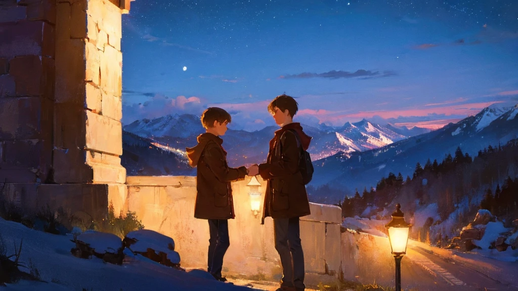 A boy and a girl meeting by the mountains at night. Romantic lighting