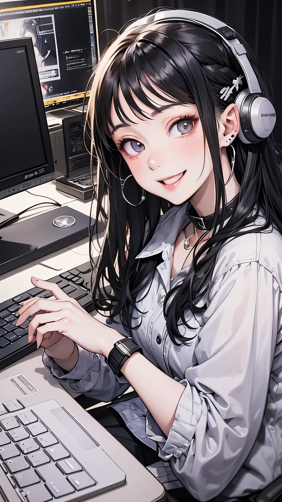 Woman sitting at desk, Twitch Streamer, Twitch Streamer/Gamer Ludwig, Be interviewed, An accurate portrait, Taking the lead with a smile, H3H3, With a happy expression, Precise Representation, In front of the computer, Trend Art, Shutterstock, Studio shot, Very expressive, Realistic Anime, Drawn,