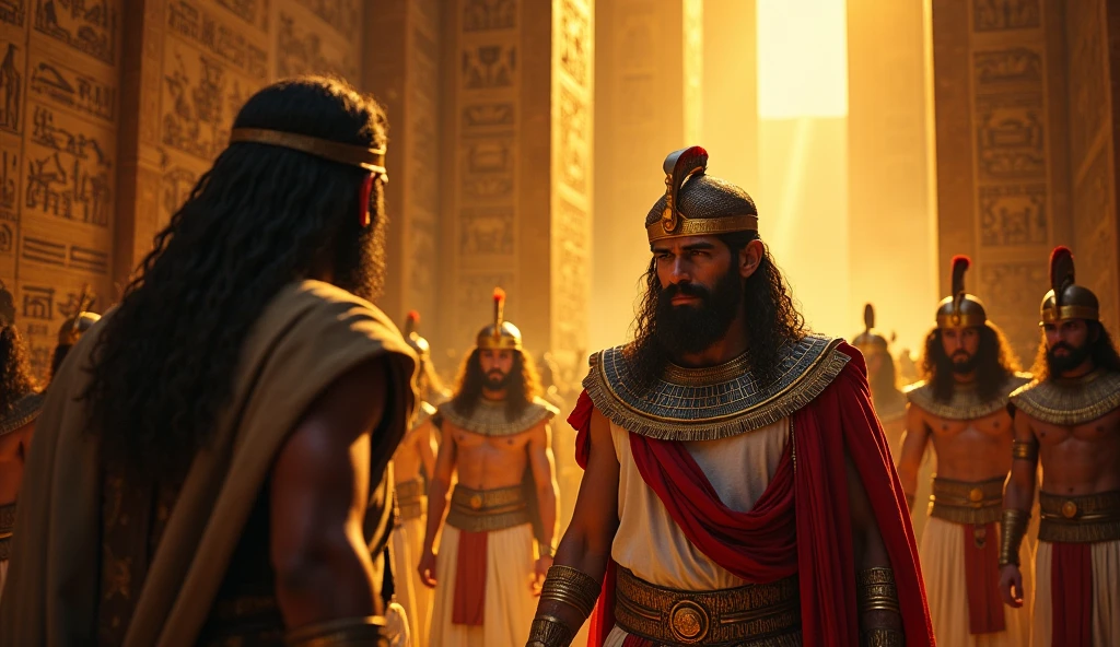 Moses confronts Pharaoh in the palace, with golden walls and hieroglyphics. Pharaoh, with an angry expression, is surrounded by guards. Moses is firm and determined.  