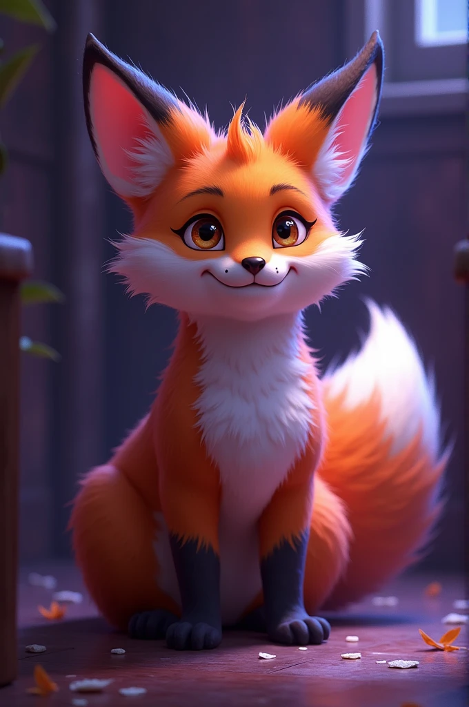 tails with a mischievous face in a room with purple light
