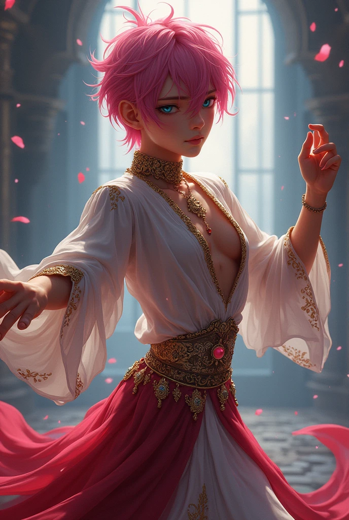 Draw a young anime boy with dark pink hair and light baby blue eyes and black skin he is a sexy man bl He danced in arabic wind dance clothes sexy sexy sexy