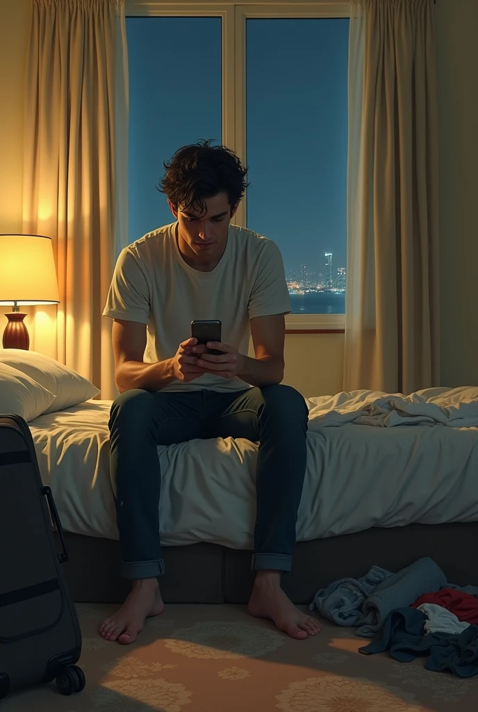 ---
A scene in a small, slightly worn hotel room with a cozy, nostalgic atmosphere. The room has soft, yellow lighting coming through beige curtains, creating a dim, comfortable glow. The walls are a neutral color, and the floor has a simple, faded carpet.
A man with dark, messy hair sits on the edge of the bed, looking distressed. He’s dressed casually in a dark t-shirt and jeans, staring at a phone in his hand as if waiting for a call or message. An open suitcase with clothes spilling out sits on the floor beside him.
In the background, a large window shows a calm night sky with the faint glow of city lights in the distance. The focus is on the man in the room, highlighting his feelings of loneliness and uncertainty.