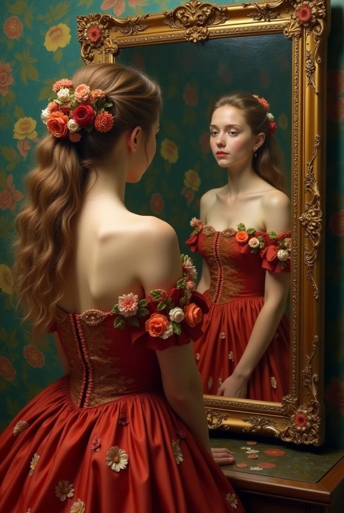 Renaissance painting of a very beautiful narcissistic young woman in a reddish flowery dress arranging her hair looking in the imperial mirror while seeing in the corner of the mirror the face of an elderly woman in a white dress tearing, affirming her old age and existential finitude. 