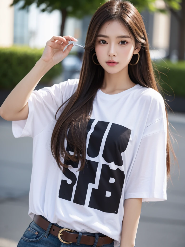 Long Hair, Brown Hair, earphone, tShirt Solo High Definition, Belt 1 girl,
