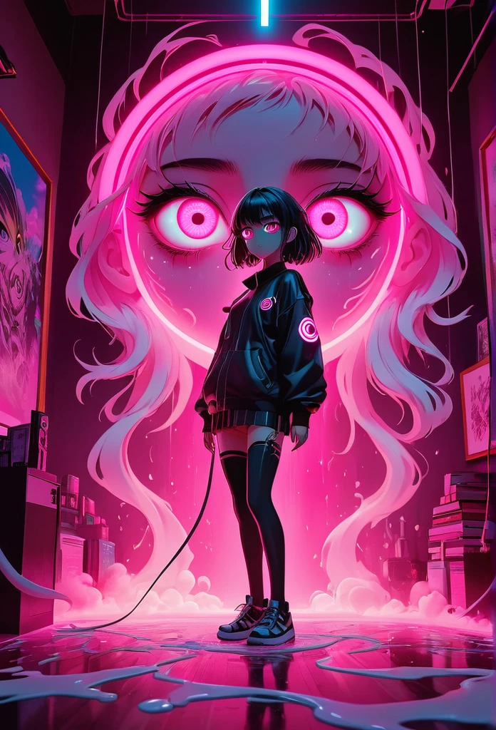extra long shot, Epic ink bending shot, a crazy people, hollow eyes, an eye standing in bright pink light, fluorescent lighting, anime art, award winning work, 8k, ultra quailty, ultra details