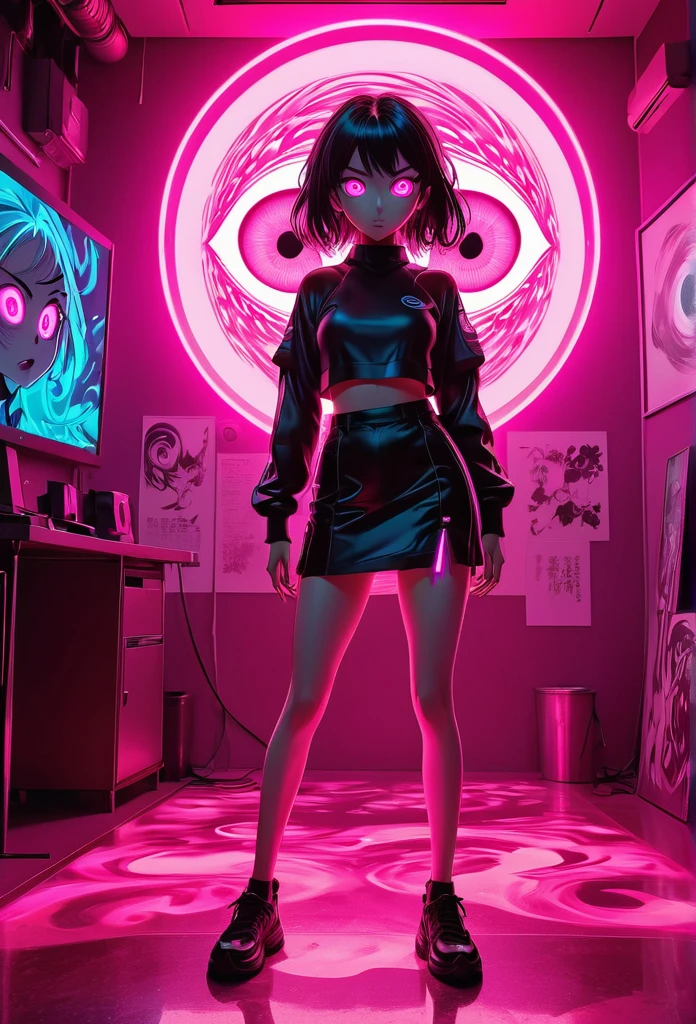 extra long shot, Epic ink bending shot, a crazy people, hollow eyes, an eye standing in bright pink light, fluorescent lighting, anime art, award winning work, 8k, ultra quailty, ultra details