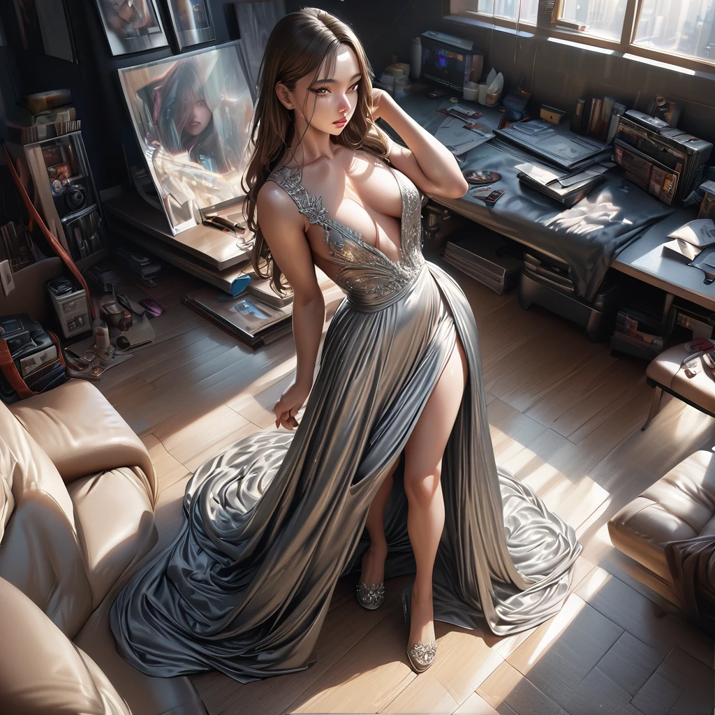 a beautiful detailed anime girl, 1girl, long hair, detailed face, beautiful eyes, beautiful lips, beautiful skin, sexy dress, detailed dress, flowing dress, full body shot, looking at viewer, photorealistic, 8k, highly detailed, masterpiece, (best quality, ultra-detailed, realistic, photorealistic:1.4), intricate details, vivid colors, studio lighting, cinematic lighting, dramatic lighting, fantasy art, elegant, graceful