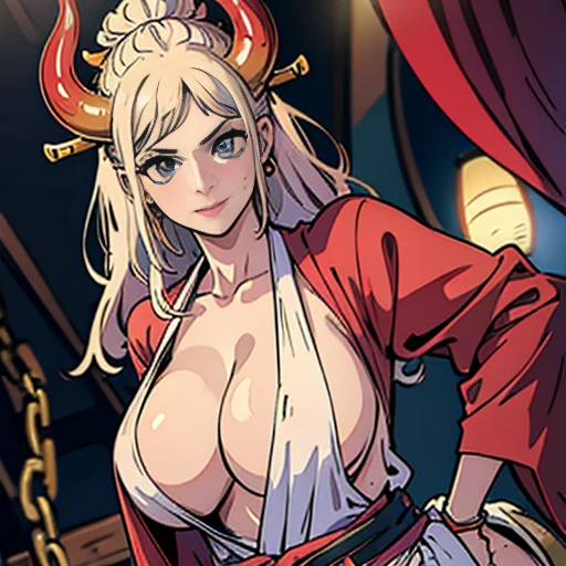 text, Highest quality, masterpiece, 4K, Absurd resolution, Ultra-high resolution, 8k, , Realistic, Bright colors, Bokeh, Vibrant color palette, Great studio lighting, Very detailed, Detailed eyes, Detailed skin, Detailed Hair, Detailed face, Detailed fabric, BREAK, YamatoV2(one piece), sexy Pose, Perfect body skinny, Fine and beautiful eyes, Beautiful Lips, Highly detailed face, Long eyelashes, sexy, horn(Wrapping , Left and right pair, multicolo Red), large breasts , Cleavage, Slim waist, smile, Torn clothes, Loincloth, Hands in chains, Very detailed, Bright colors, ,The clothes are see-through , full-body, dynamic angle, (background is Japanese Castle)