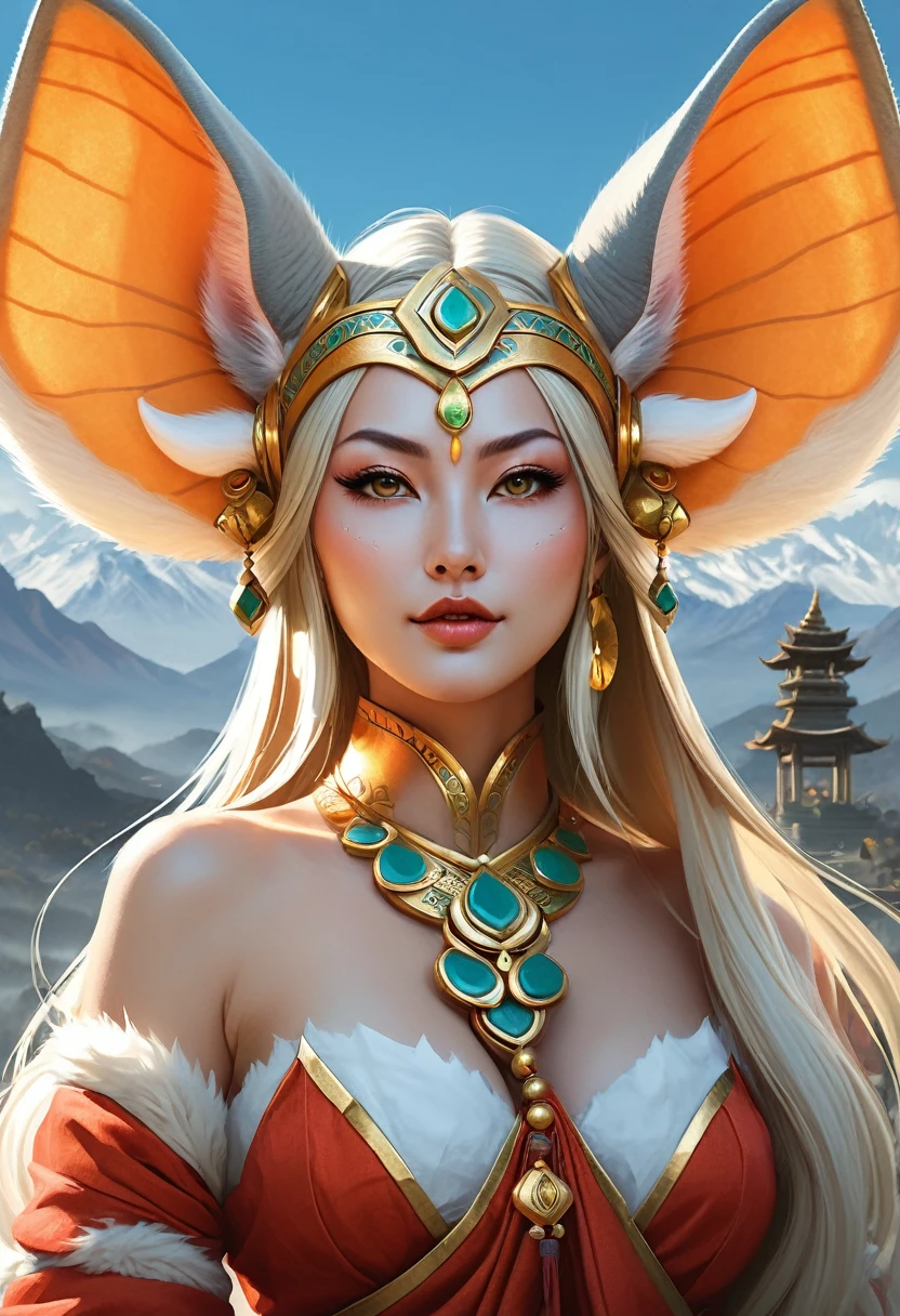 Anthropomorphic feminine kitsune enchantress. with elephant ears. Official Art – An Award-Winning Digital Masterpiece In 4K Ultra HD, Extreme Detail And Intricate Realism. Symmetrical Face. This Concept Art Brought To Life By The Hands Of Artists Like Wlop & Artgerm In A Stunning 2D Vector Illustration. Breath of the wild. Background Is A Panoramic Vista.
